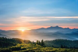 Beautiful ancient mountains at sunset in the evening sunlight 