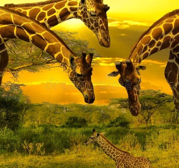 Giraffes and sunset in Tsavo East and Tsavo West National Park