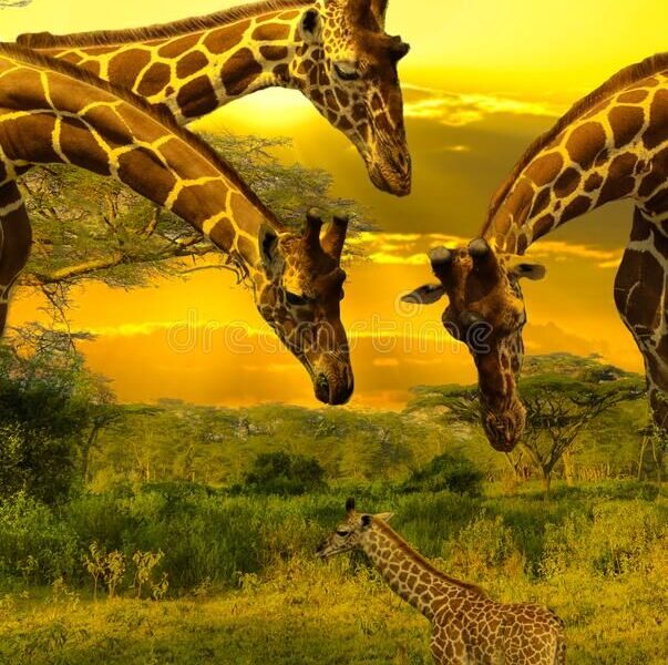 Giraffes and sunset in Tsavo East and Tsavo West National Park